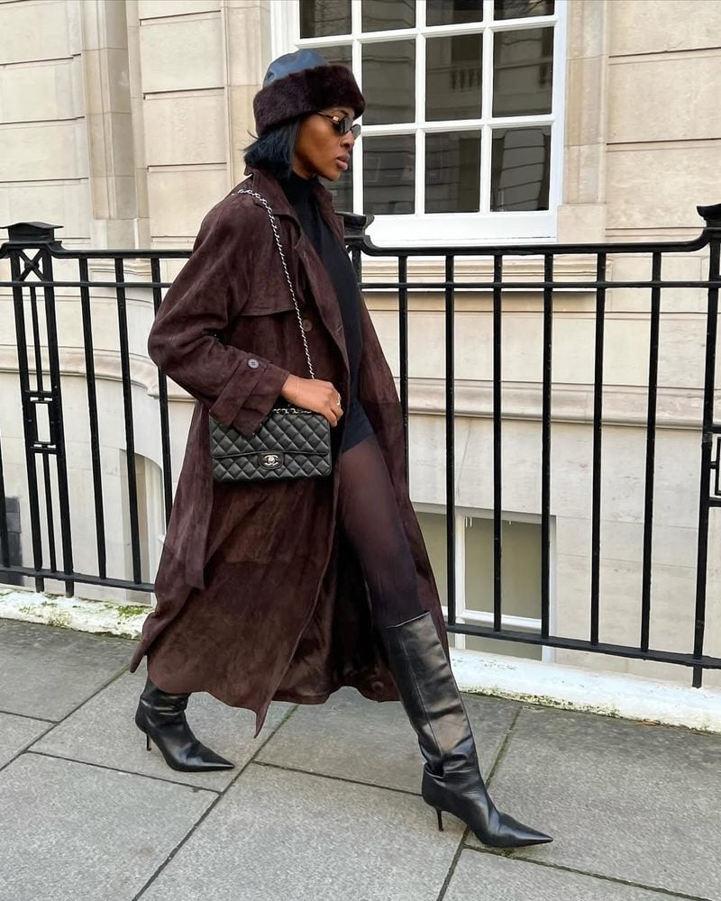 Brown Suede Trench Coat Over Black Dress Brown Suede Trench Coat Over Black Dress — London Outfits