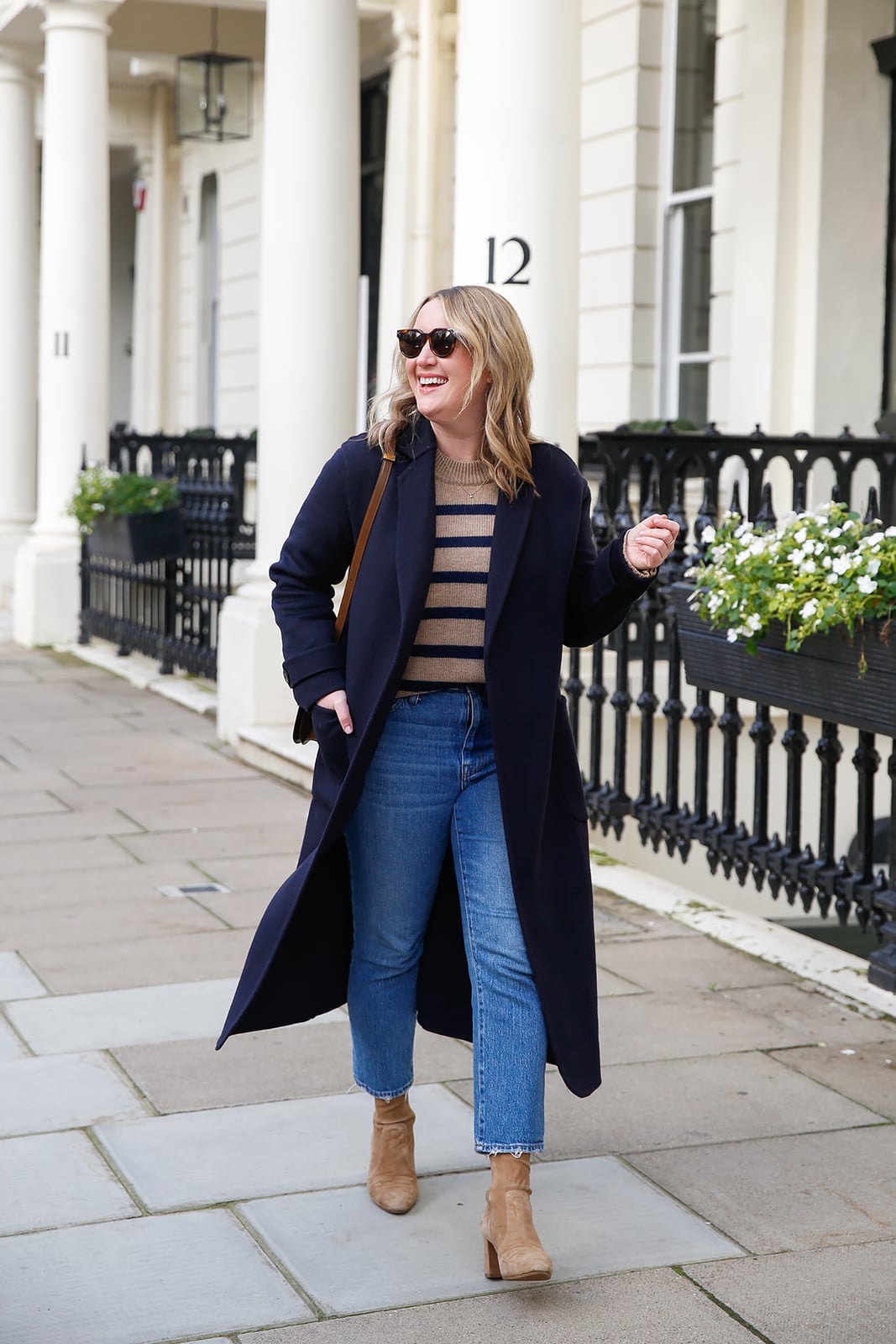Long Navy Coat With Striped Sweater And Jeans Long Navy Coat With Striped Sweater And Jeans — London Outfits