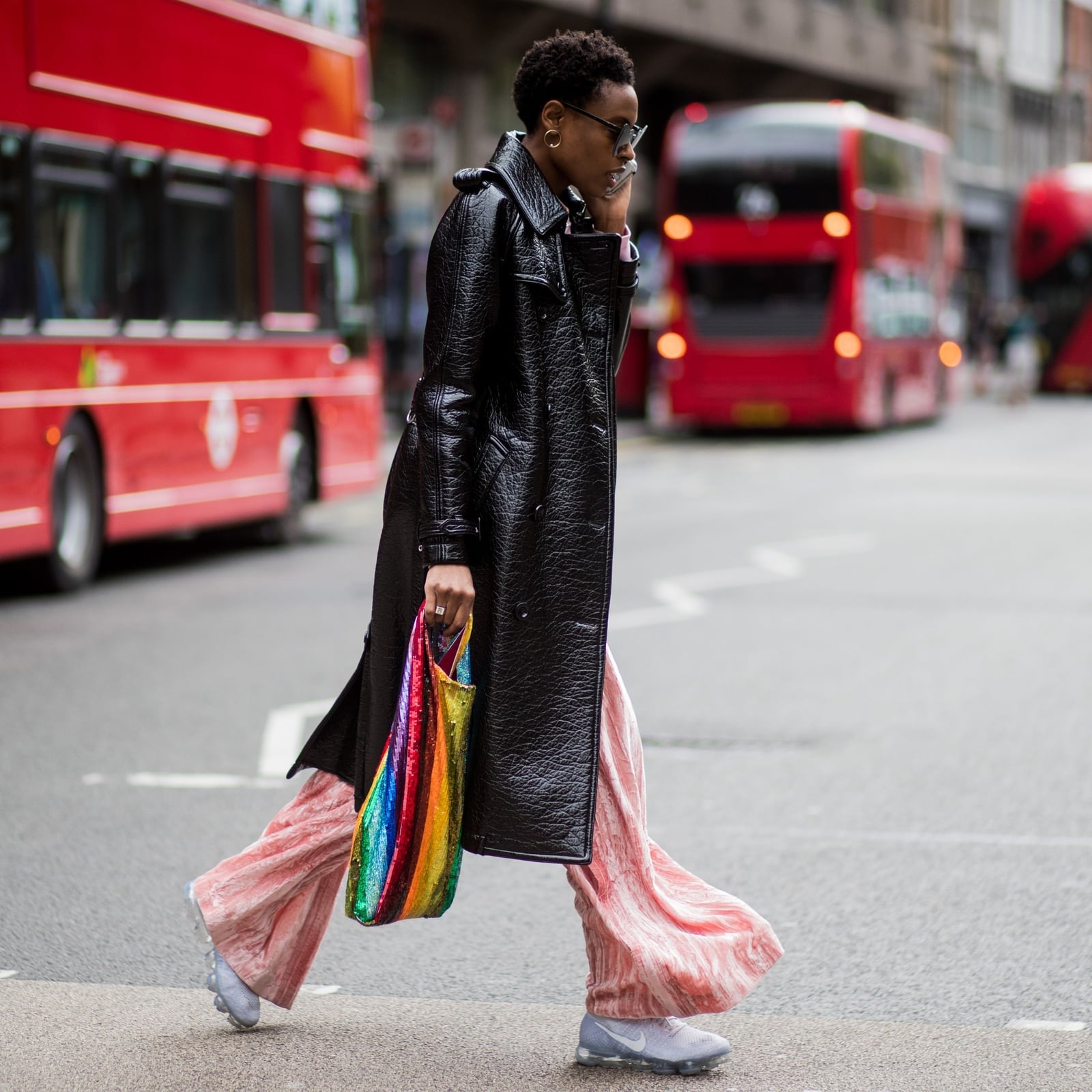 Textured Black Coat With Pink Velvet Trousers Textured Black Coat With Pink Velvet Trousers — London Outfits