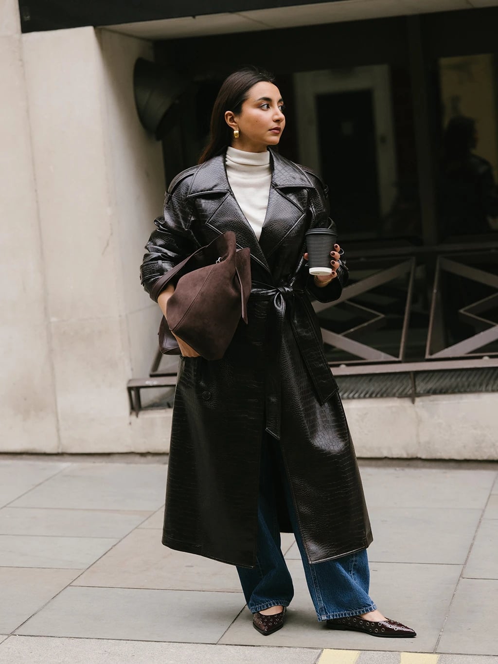 Textured Trench Coat With White Turtleneck Textured Trench Coat With White Turtleneck — London Outfits