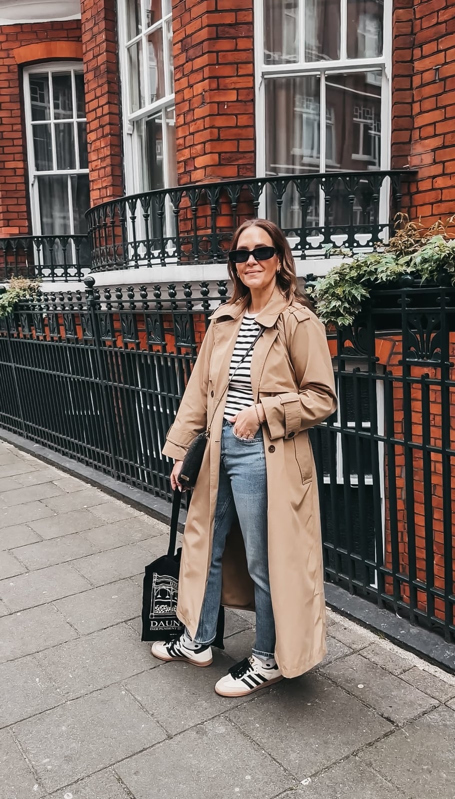 Beige Trench Coat With Striped T-shirt Beige Trench Coat With Striped T-shirt — London Outfits