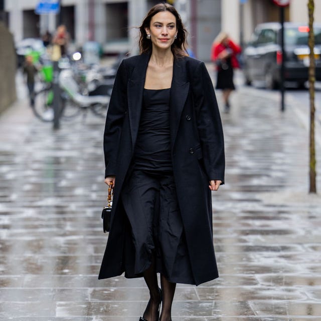 Monochromatic Black Long Coat Over Fitted Dress Monochromatic Black Long Coat Over Fitted Dress — London Outfits