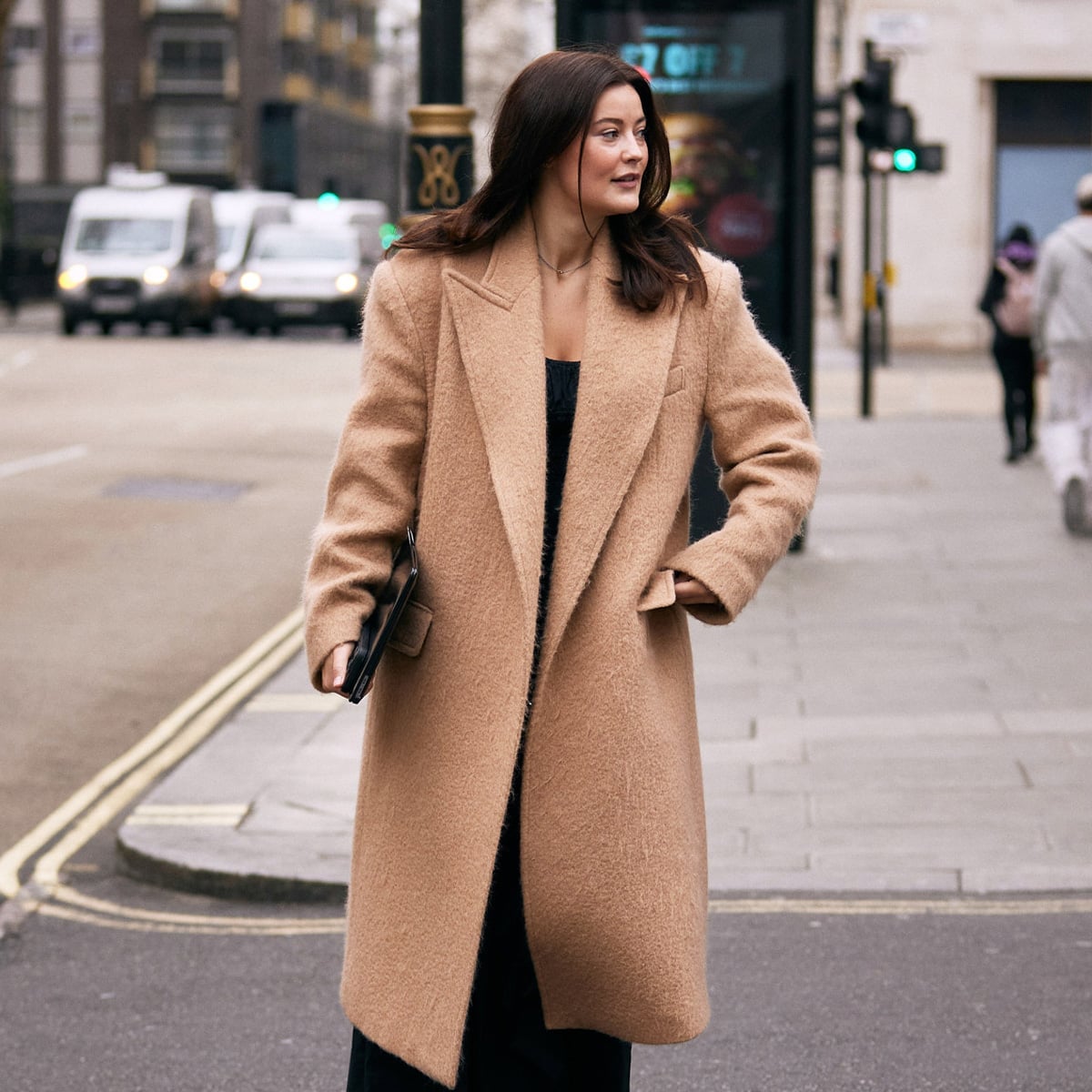 Longline Camel Coat Over Black Dress Longline Camel Coat Over Black Dress — London Outfits