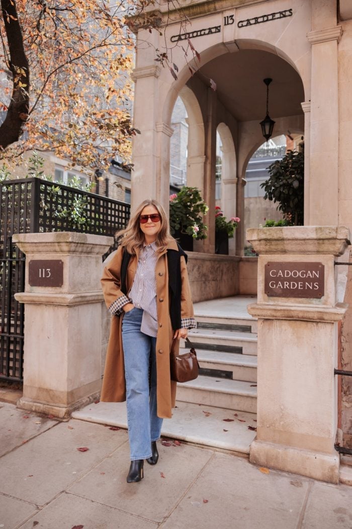 Camel Trench Coat With Striped Shirt And Jeans Camel Trench Coat With Striped Shirt And Jeans — London Outfits