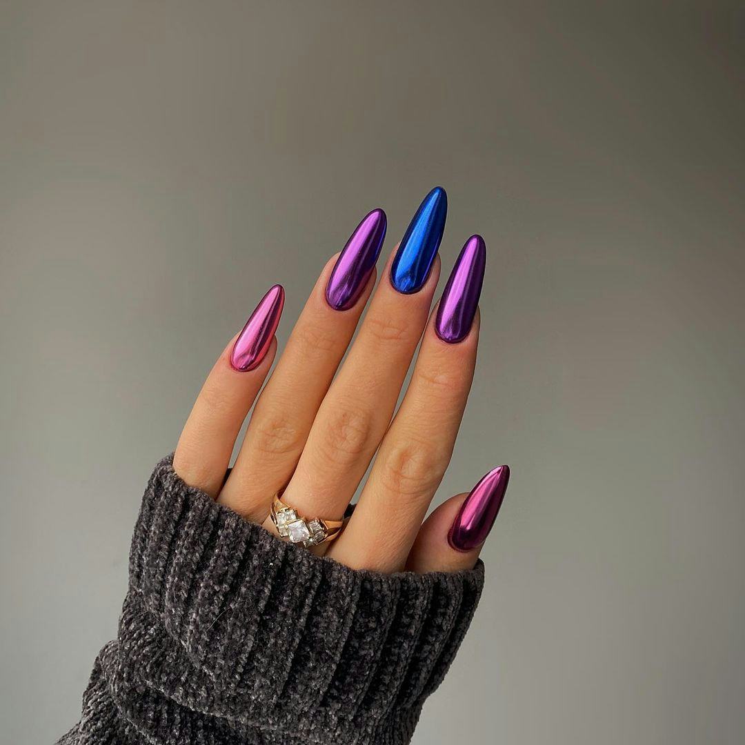 Pink and Blue Chrome Long Almond Nails Pink and Blue Chrome Long Almond Nails