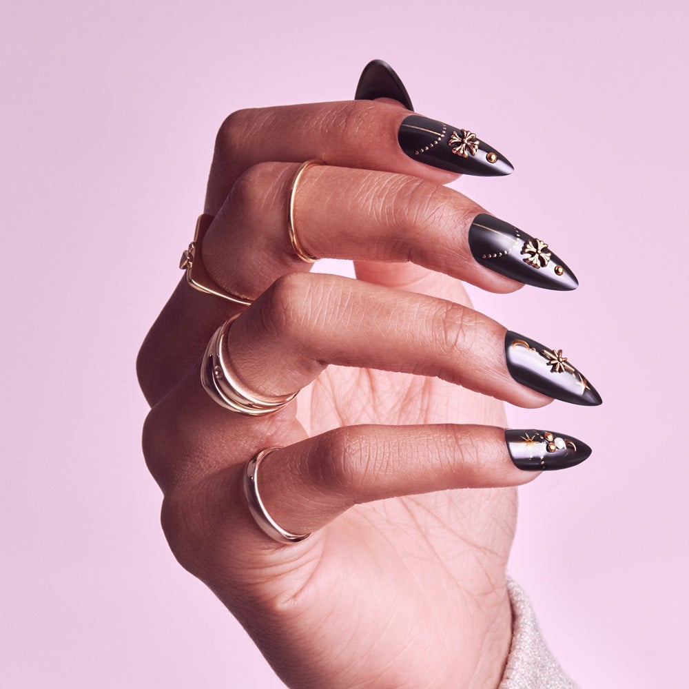 Black Metallic Sheen Gold Embellished Long Almond Nails Black Metallic Sheen Gold Embellished Long Almond Nails