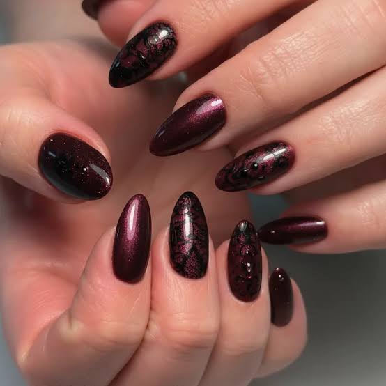 Deep Burgundy Shimmer Abstract Pattern Long Almond Nails Deep Burgundy Shimmer Abstract Pattern Long Almond Nails