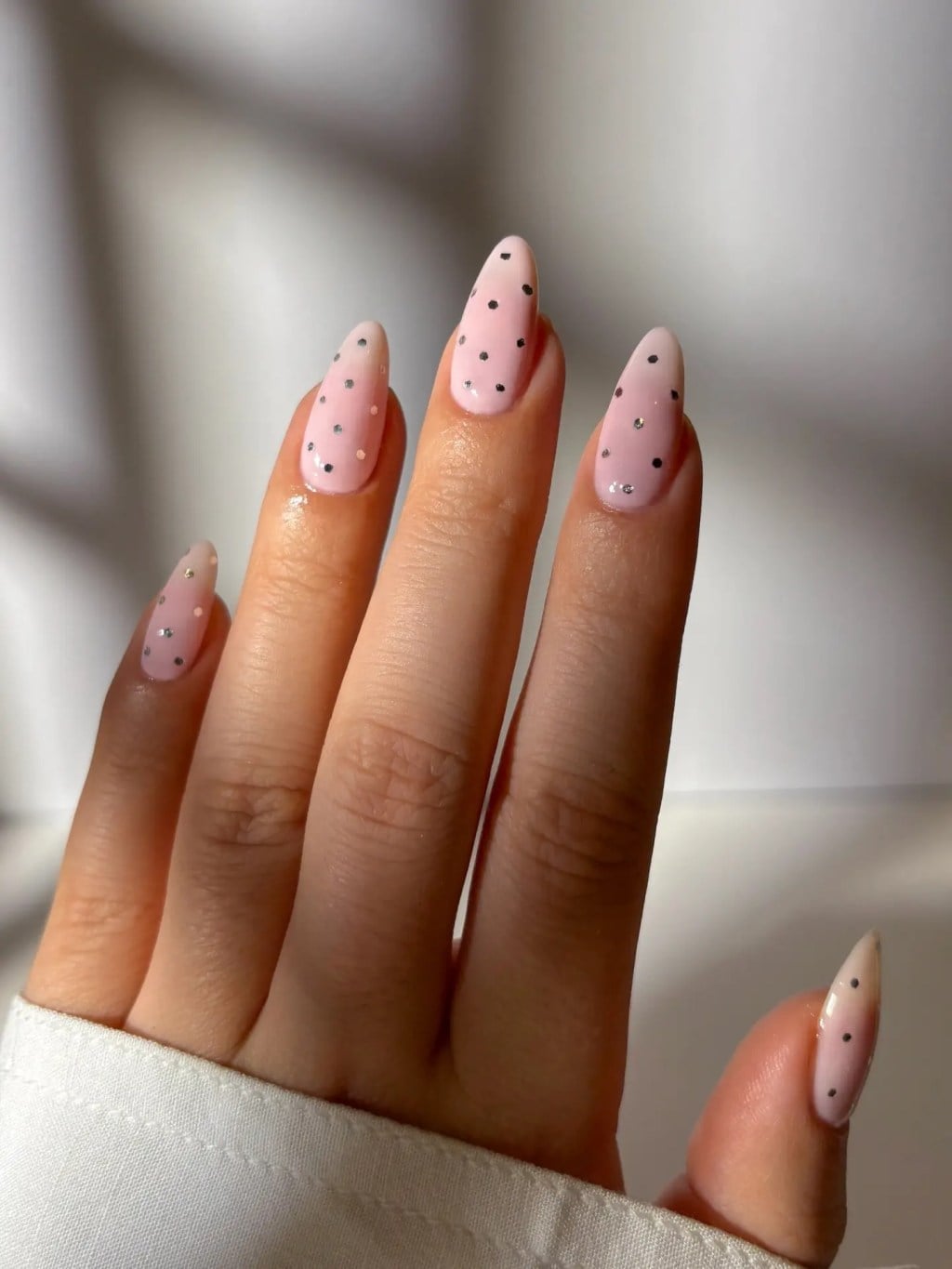 Light Pink Silver Dot Rhinestone Long Almond Nails, Close-Up Take Light Pink Silver Dot Rhinestone Long Almond Nails, Close-Up Take