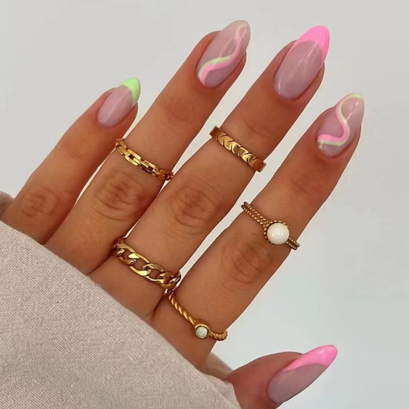 Sheer Pink Neon Wavy French Tip Long Almond Nails Sheer Pink Neon Wavy French Tip Long Almond Nails