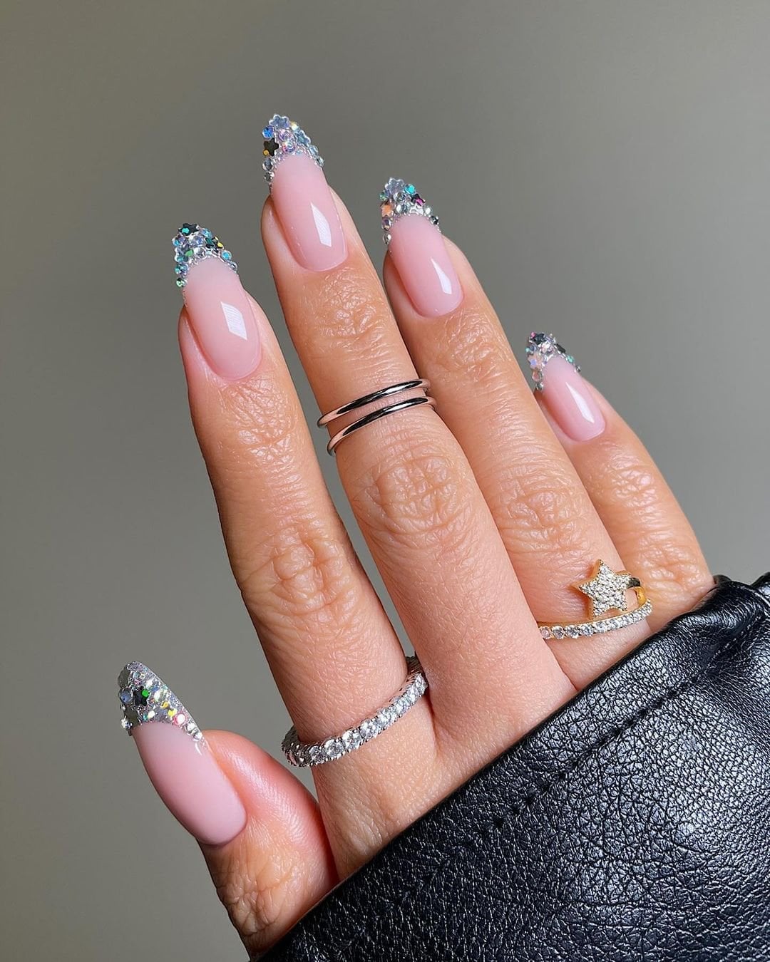 Sheer Pink Glitter French Tip Long Almond Nails Sheer Pink Glitter French Tip Long Almond Nails