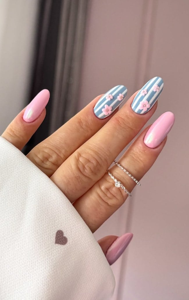 Pastel Pink Shimmer 3D Floral Stripe Long Almond Nails Pastel Pink Shimmer 3D Floral Stripe Long Almond Nails