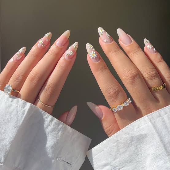 Sheer Nude Daisy Flower Long Almond Nails Sheer Nude Daisy Flower Long Almond Nails