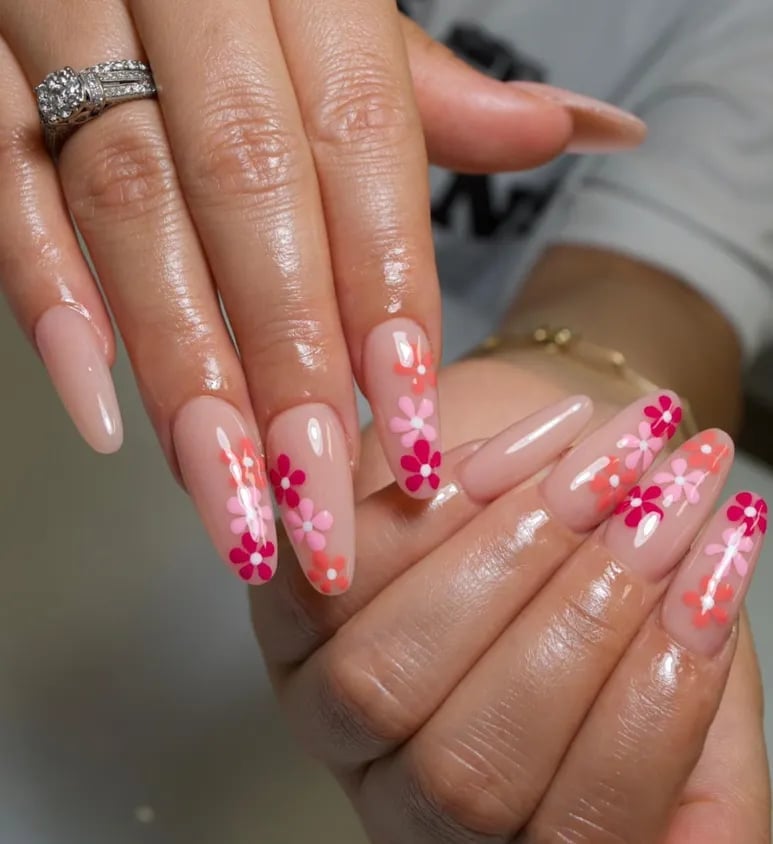 Sheer Nude Floral Print Long Almond Nails Sheer Nude Floral Print Long Almond Nails
