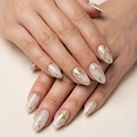 Nude Gold Foil Abstract Long Almond Nails Nude Gold Foil Abstract Long Almond Nails