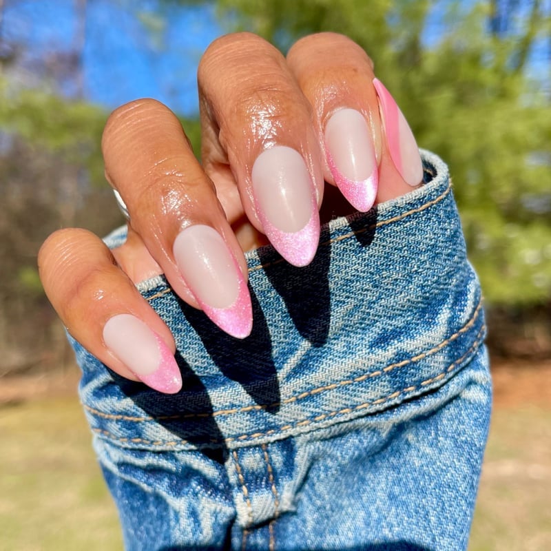 Sheer Nude Pink Shimmer French Long Almond Nails Sheer Nude Pink Shimmer French Long Almond Nails