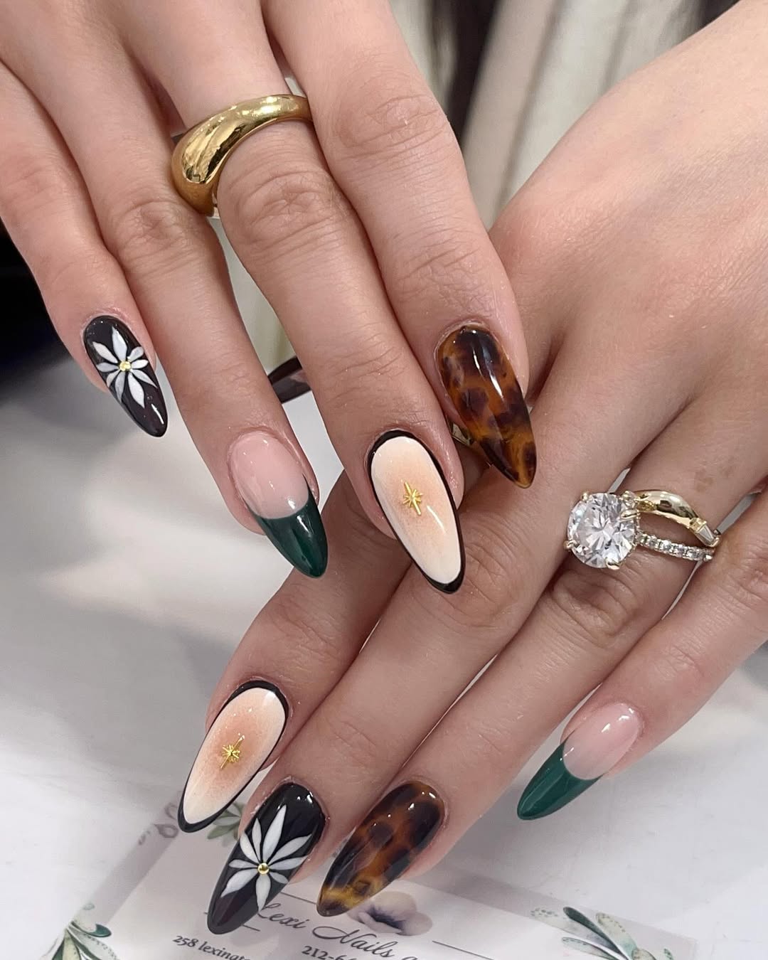 Mixed Design Tortoiseshell French Black Flower Long, Close-Up Take Mixed Design Tortoiseshell French Black Flower Long, Close-Up Take — Long Almond Nails