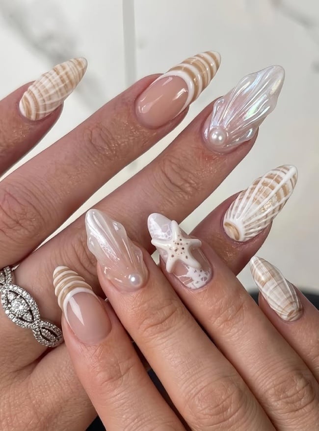 Natural Base 3D Starfish Seashell French Long Almond Nails Natural Base 3D Starfish Seashell French Long Almond Nails