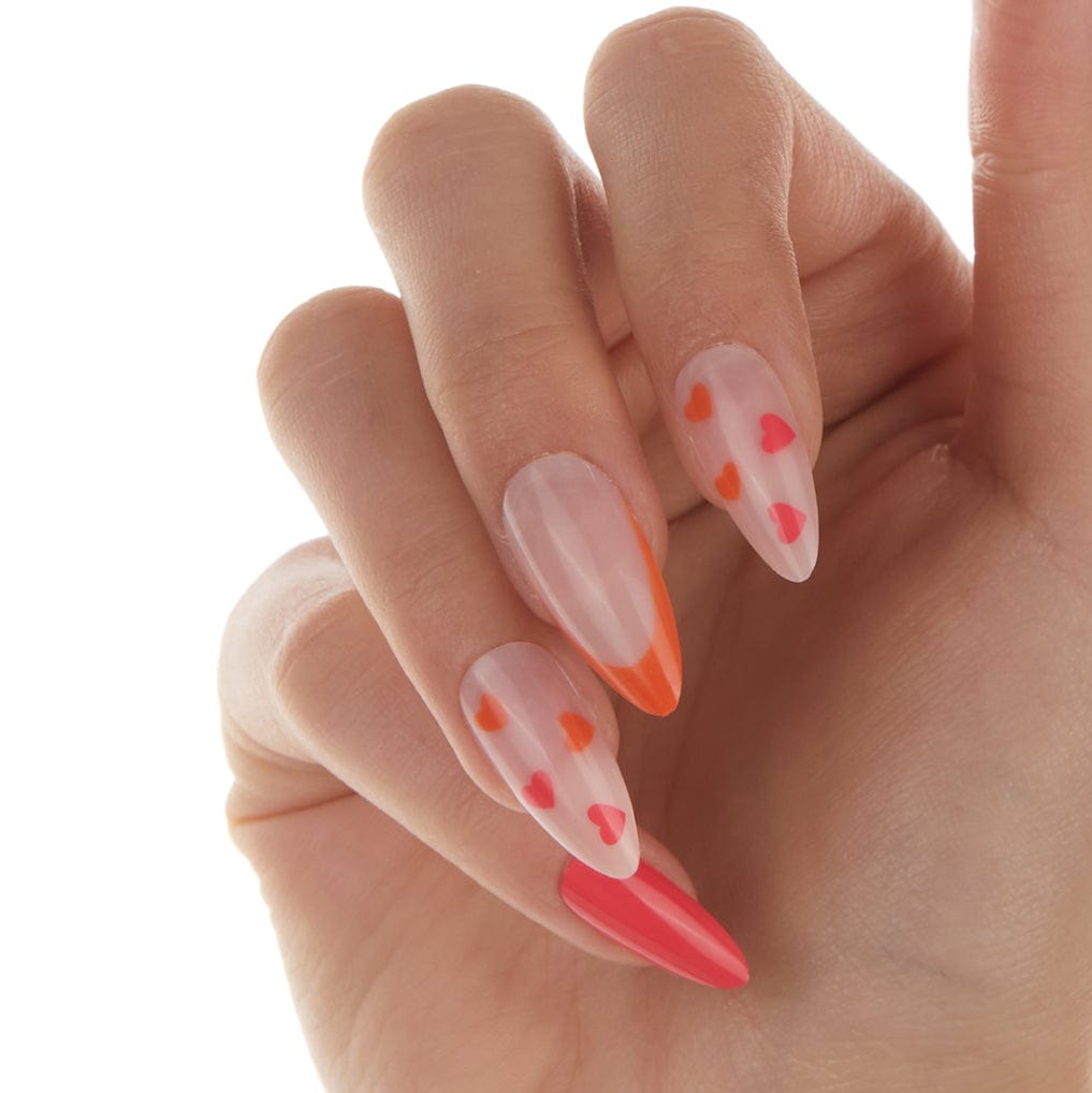 Clear Orange French Tip Heart Decal Long Almond Nails Clear Orange French Tip Heart Decal Long Almond Nails