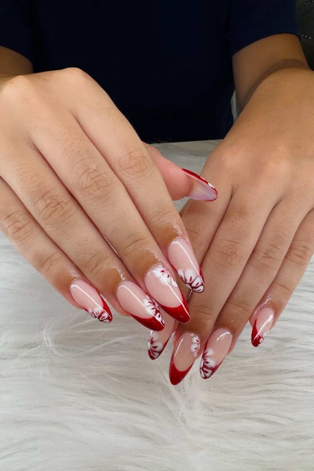 Sheer Nude Red French White Floral Long Almond Nails Sheer Nude Red French White Floral Long Almond Nails