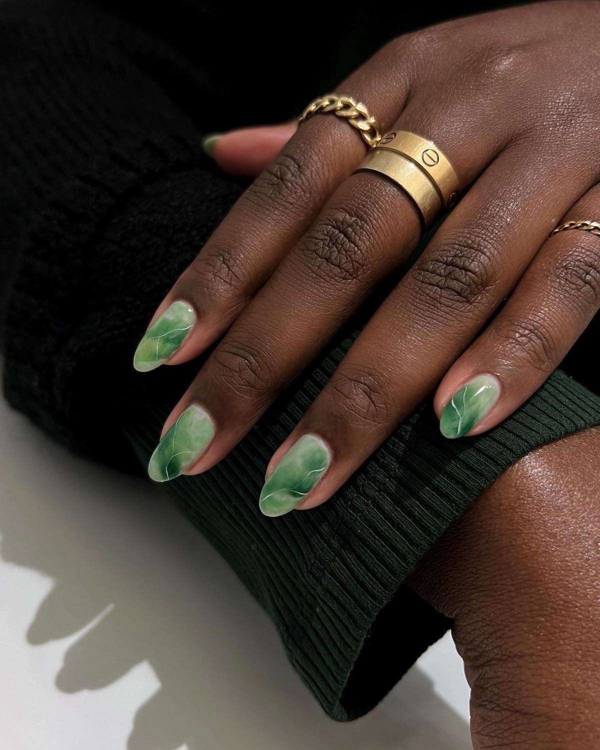 Green Jade Marbled Long Almond Nails Green Jade Marbled Long Almond Nails