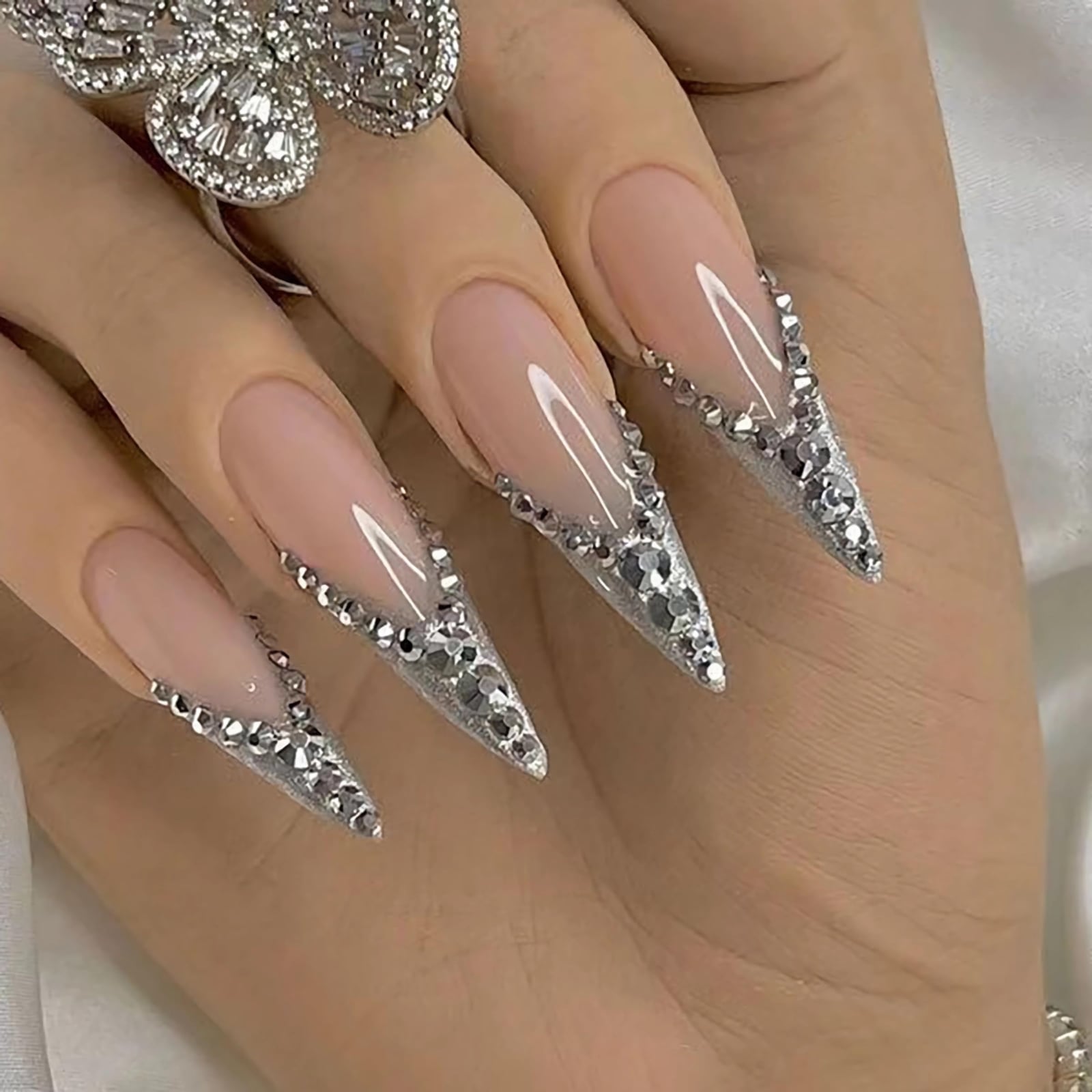 Rhinestone Glitter French Stiletto Nails Rhinestone Glitter French Stiletto Nails — Long Nails