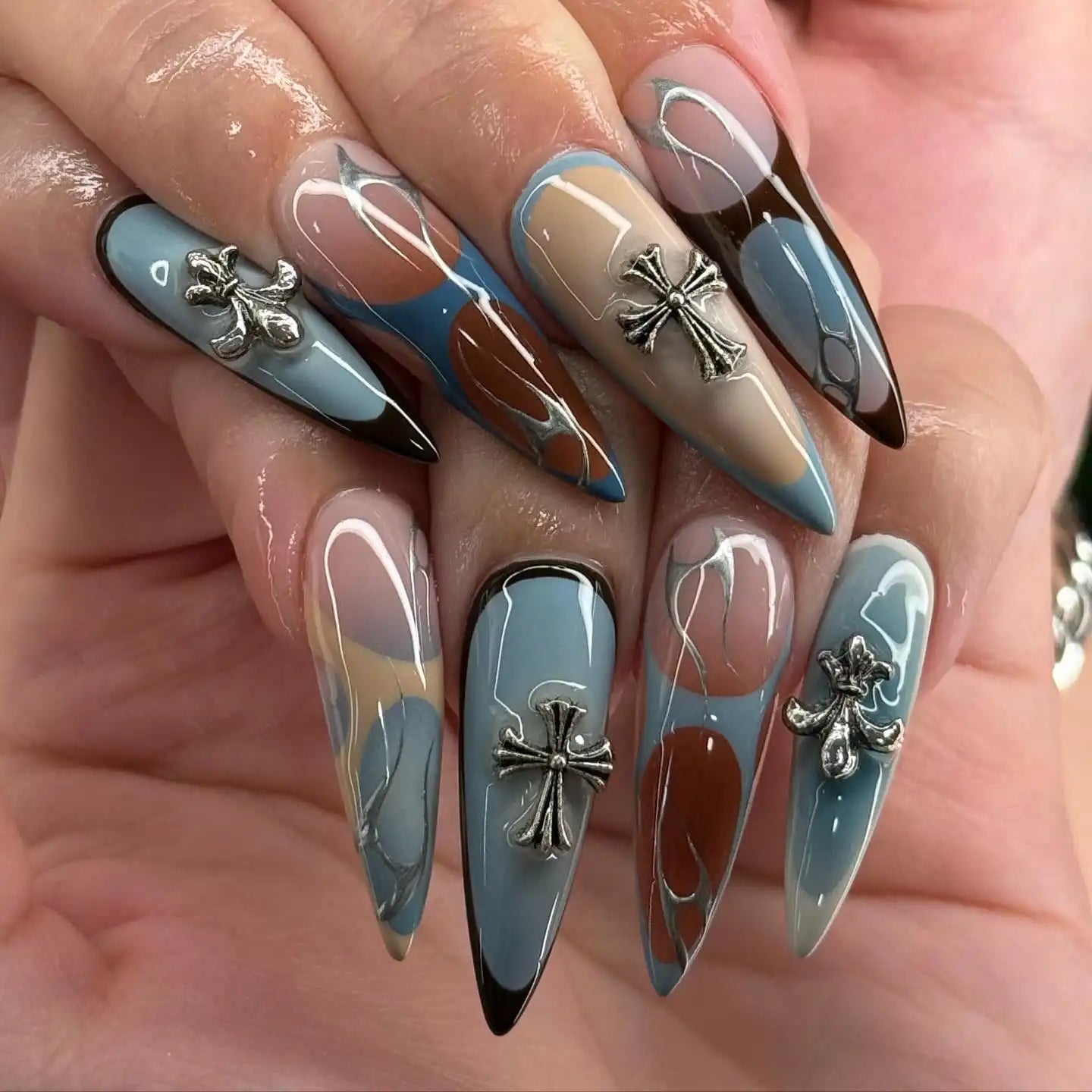 Abstract Color Block Silver Cross Stiletto Nails Abstract Color Block Silver Cross Stiletto Nails — Long Nails