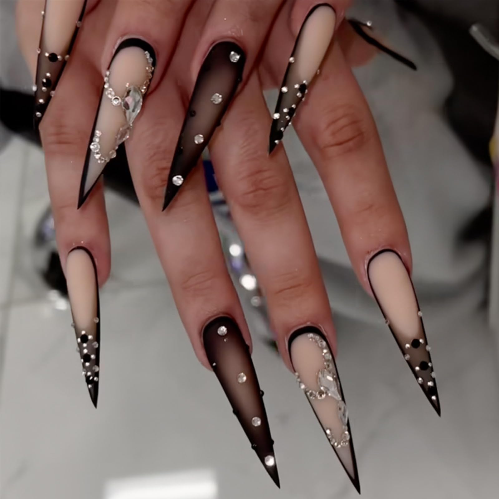 Black Sheer Panel Rhinestone Extra Long Stiletto Nails Black Sheer Panel Rhinestone Extra Long Stiletto Nails — Long Nails