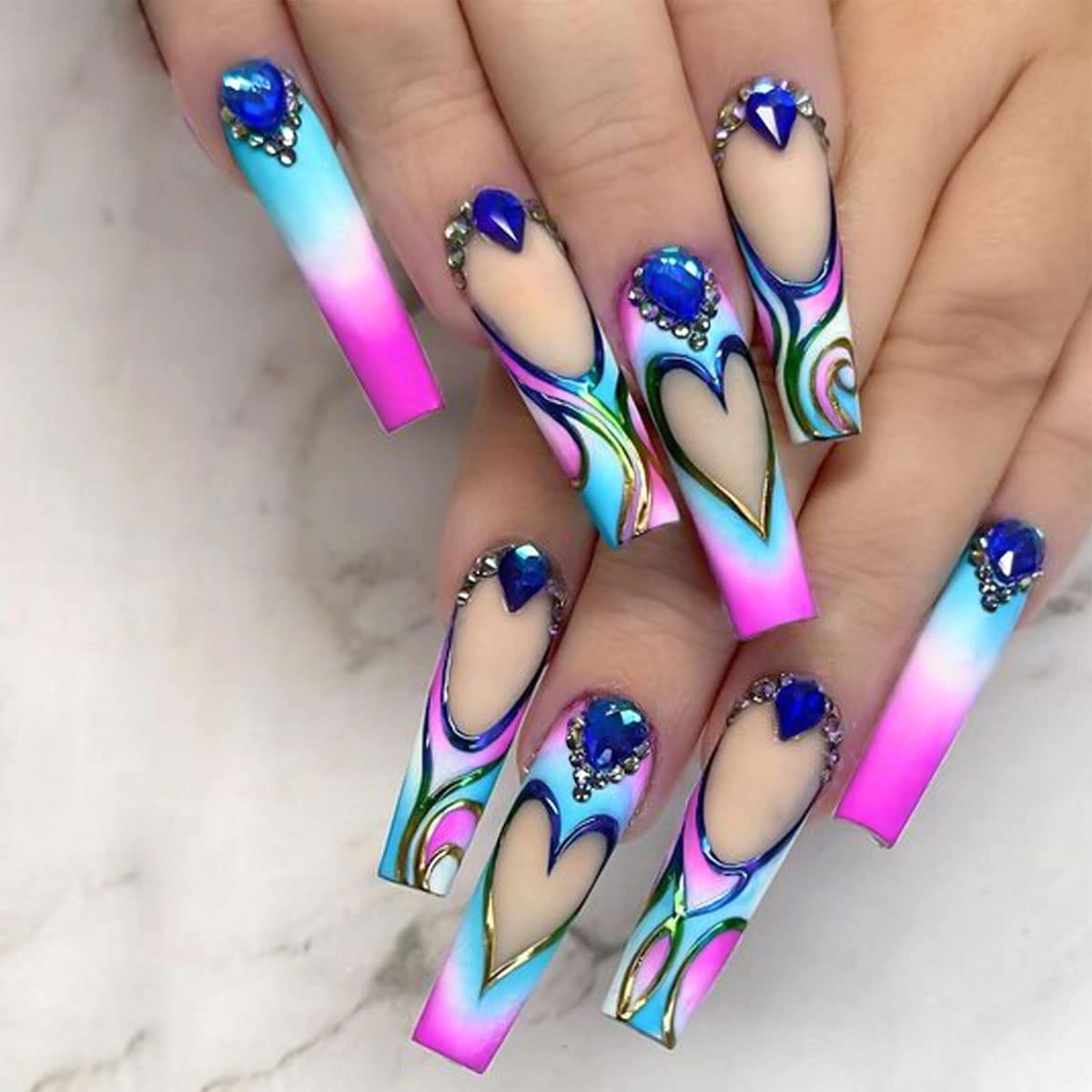 Pink Blue Gradient Heart Cut-Out Coffin Nails Pink Blue Gradient Heart Cut-Out Coffin Nails — Long Nails