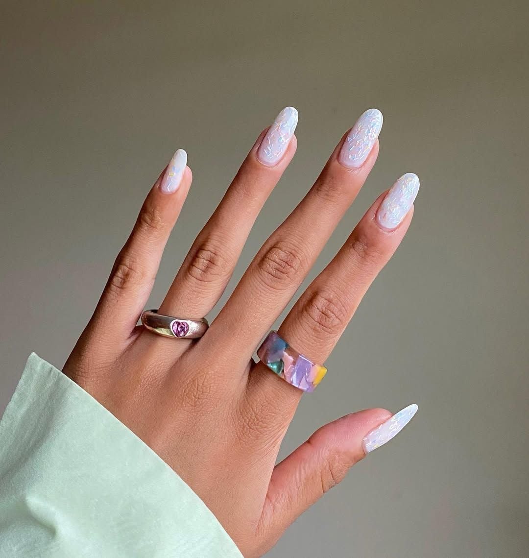 Milky White Iridescent Shimmer Almond Nails Milky White Iridescent Shimmer Almond Nails — Long Nails