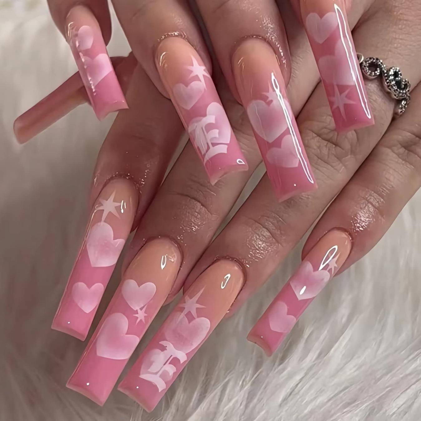 Pink Peach Ombre Heart Star Long Coffin Nails Pink Peach Ombre Heart Star Long Coffin Nails — Long Nails