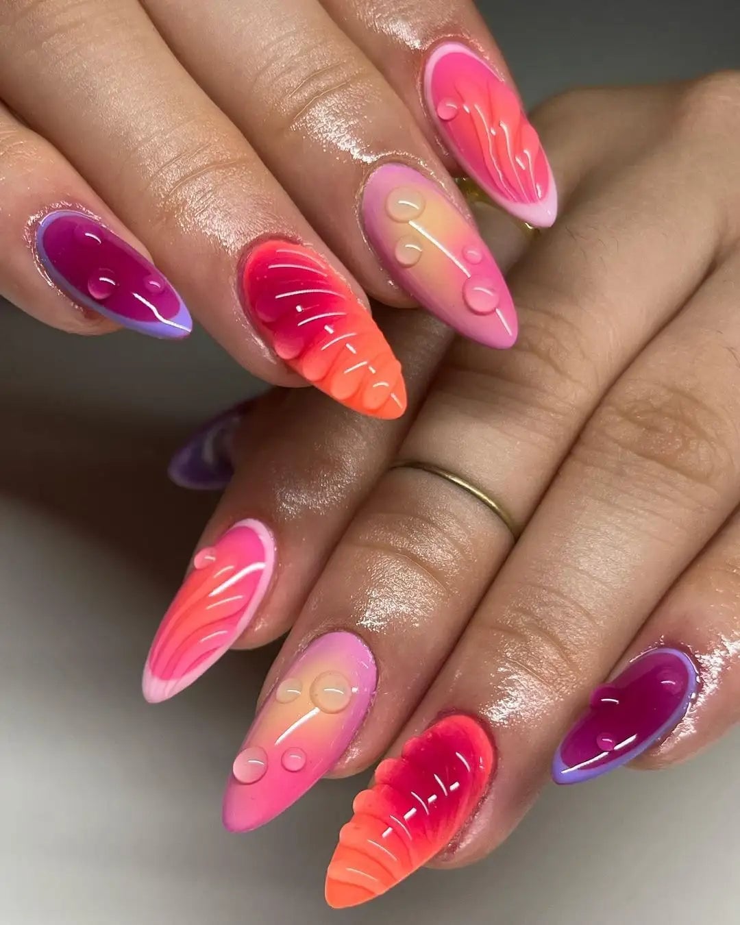 Pink Orange Purple Gradient Water Drop Nails Pink Orange Purple Gradient Water Drop Nails — Long Nails