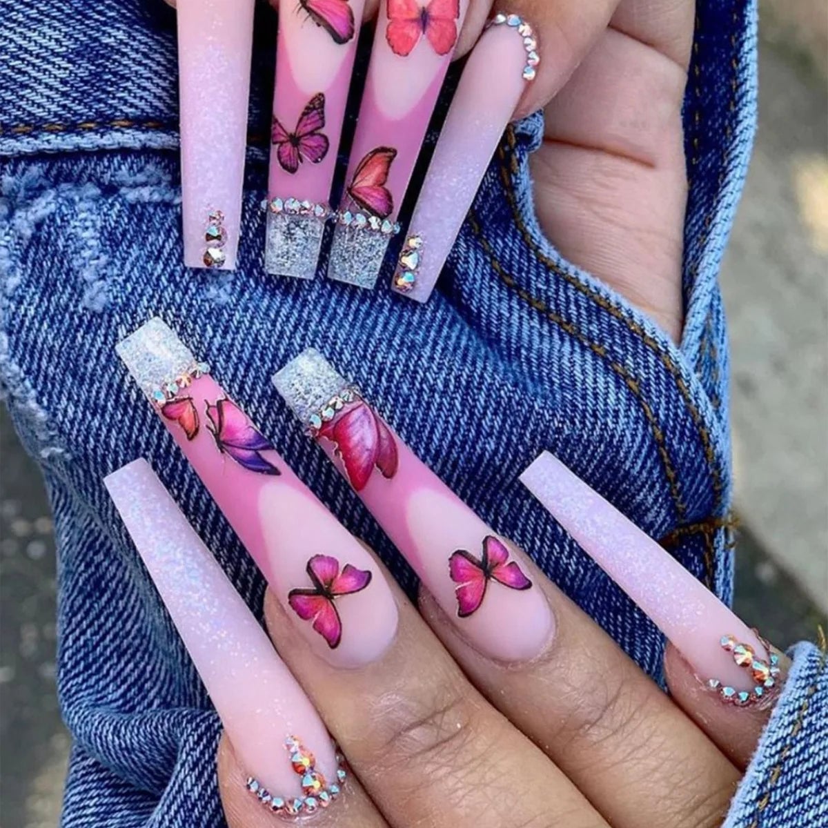 Pink White Ombre Butterfly Long Square Nails Pink White Ombre Butterfly Long Square Nails — Long Nails