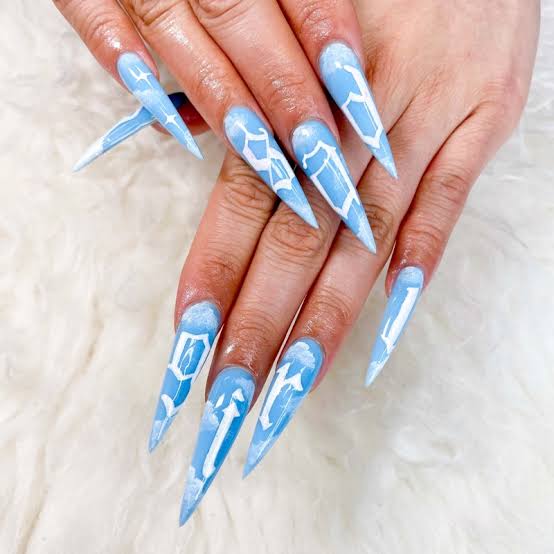 Light Blue White Cloud Geometric Extra Long Stiletto Nails Light Blue White Cloud Geometric Extra Long Stiletto Nails — Long Nails