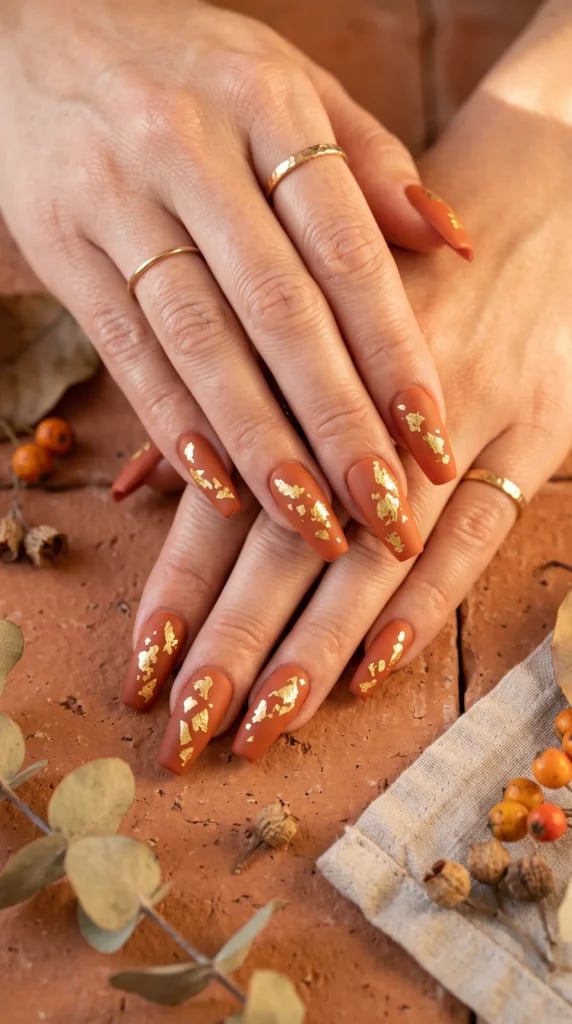 Matte Terracotta Gold Foil Long Coffin Nails Matte Terracotta Gold Foil Long Coffin Nails — Long Nails