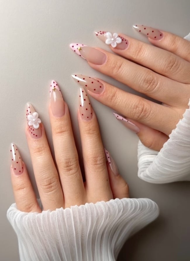 Sheer Nude Pink Dots 3D Flower Stiletto Nails Sheer Nude Pink Dots 3D Flower Stiletto Nails — Long Nails