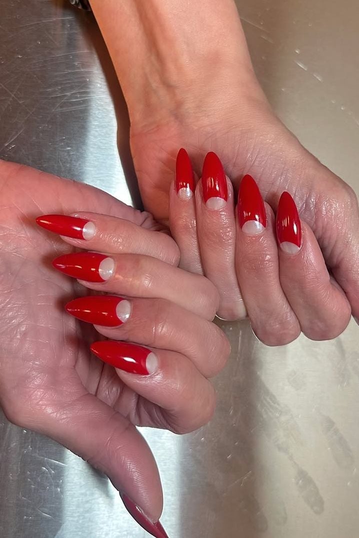 Bold Red White Half Moon Pointed Nails, Close-Up Take Bold Red White Half Moon Pointed Nails, Close-Up Take — Long Nails