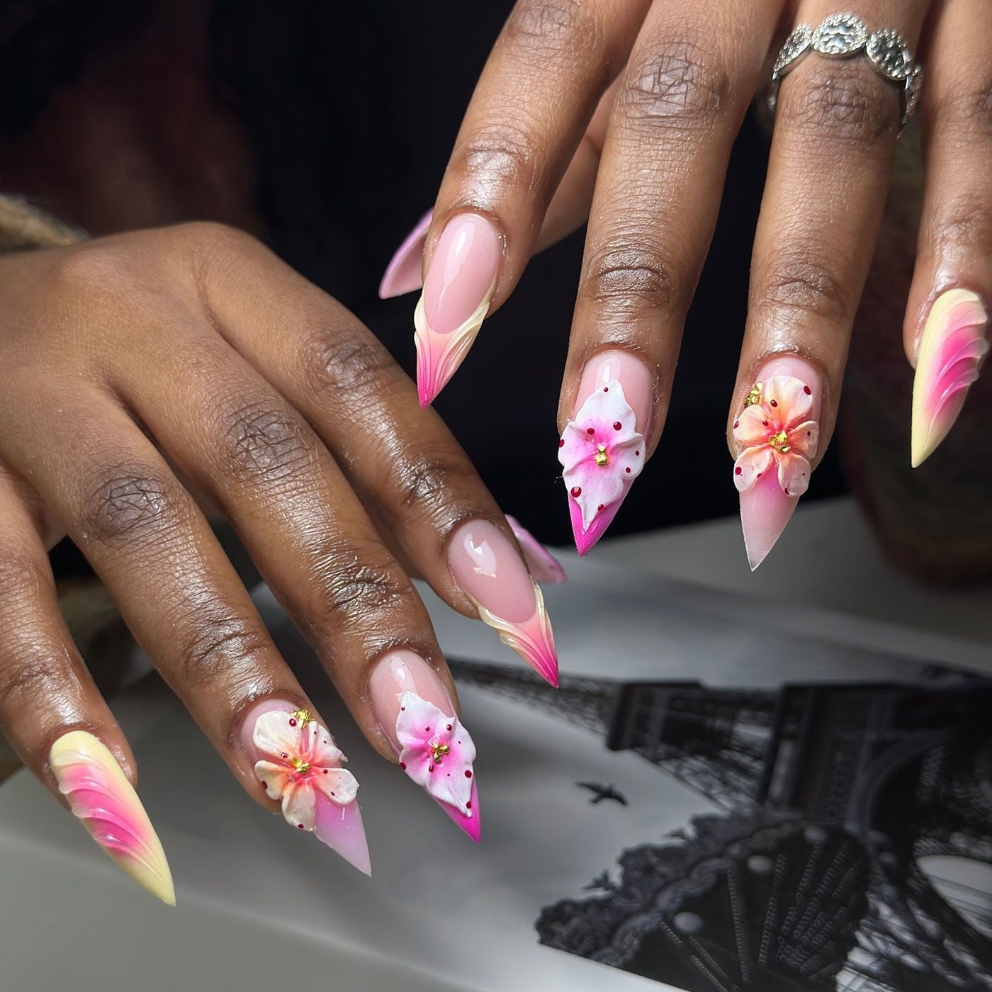 Pink Yellow Gradient 3D Floral Stiletto Nails, Close-Up Take Pink Yellow Gradient 3D Floral Stiletto Nails, Close-Up Take — Long Nails
