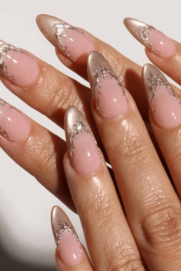 Gold Metallic Pattern Pink Nude Pointed Nails Gold Metallic Pattern Pink Nude Pointed Nails — Long Nails