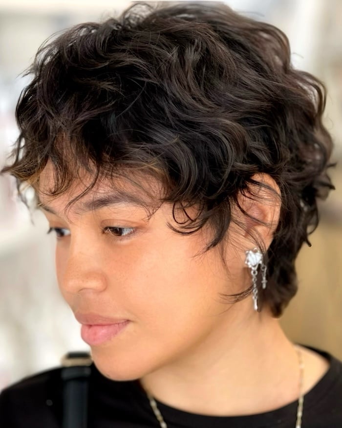 Thick Curly Pixie With Textured Bangs Thick Curly Pixie With Textured Bangs — Long Pixie