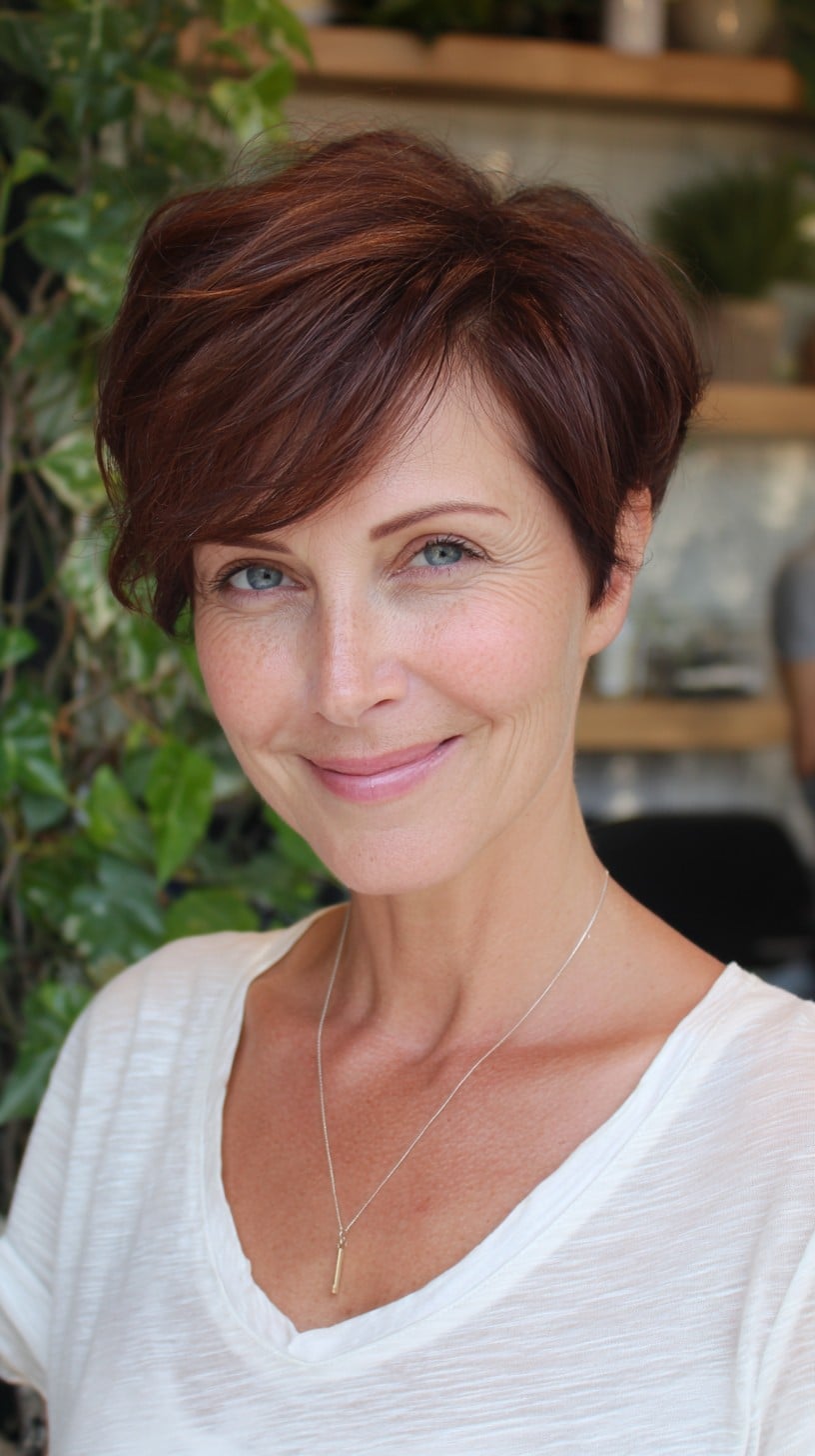 Piecey Dark Brown Pixie With Short Fringe Piecey Dark Brown Pixie With Short Fringe — Long Pixie