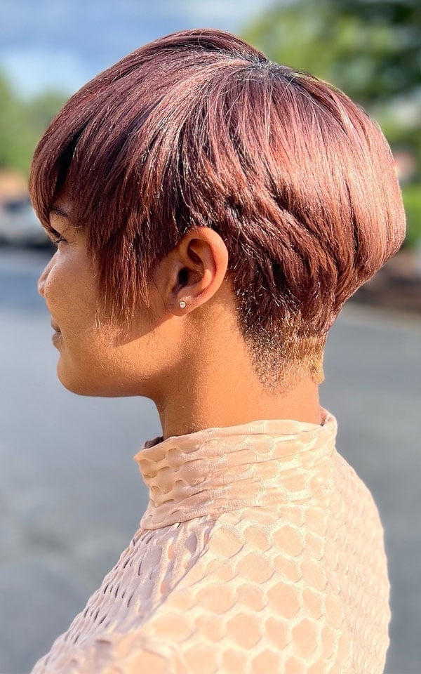 Burgundy Pixie With Blonde Undercut Burgundy Pixie With Blonde Undercut — Long Pixie