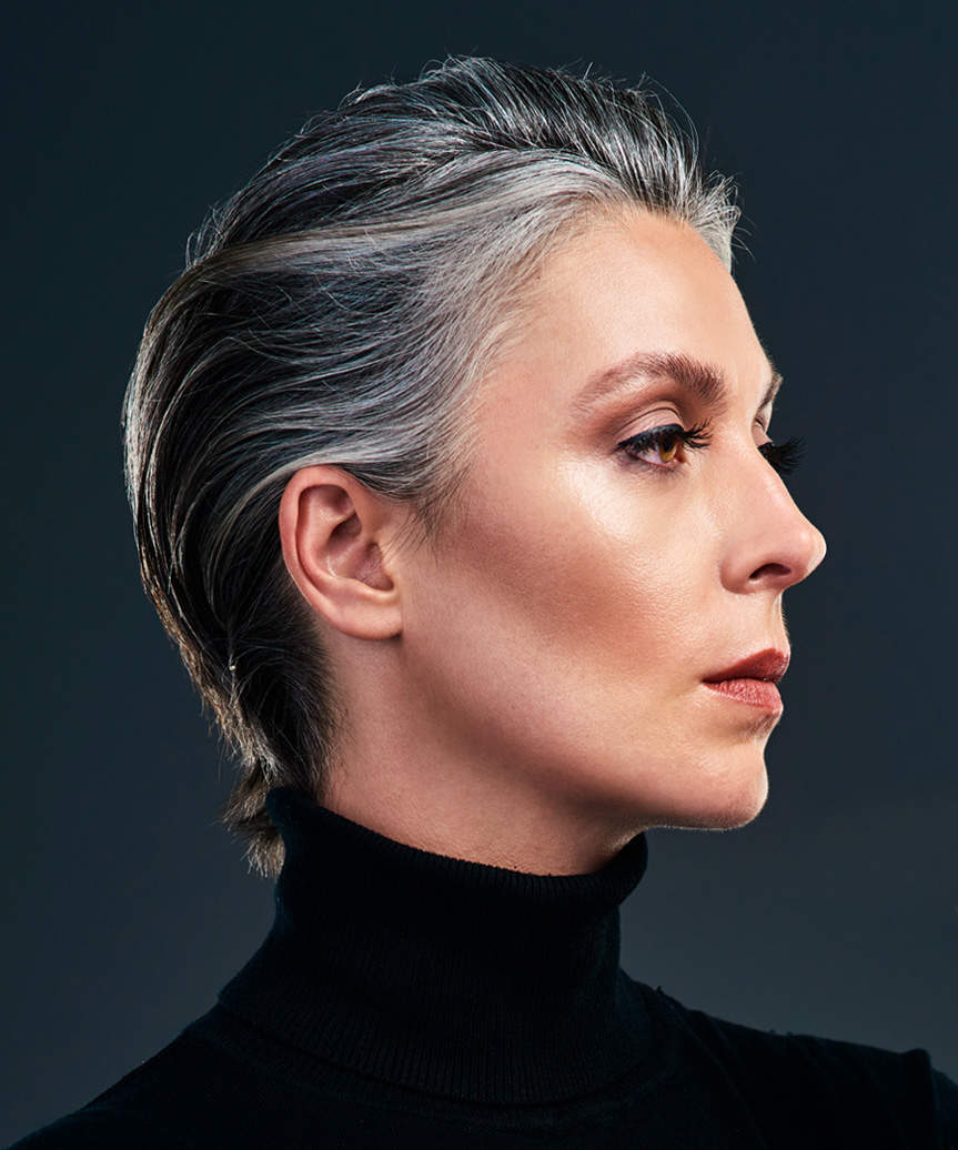 Wet Look Pixie With Salt And Pepper Color, Slicked Back Wet Look Pixie With Salt And Pepper Color, Slicked Back — Long Pixie