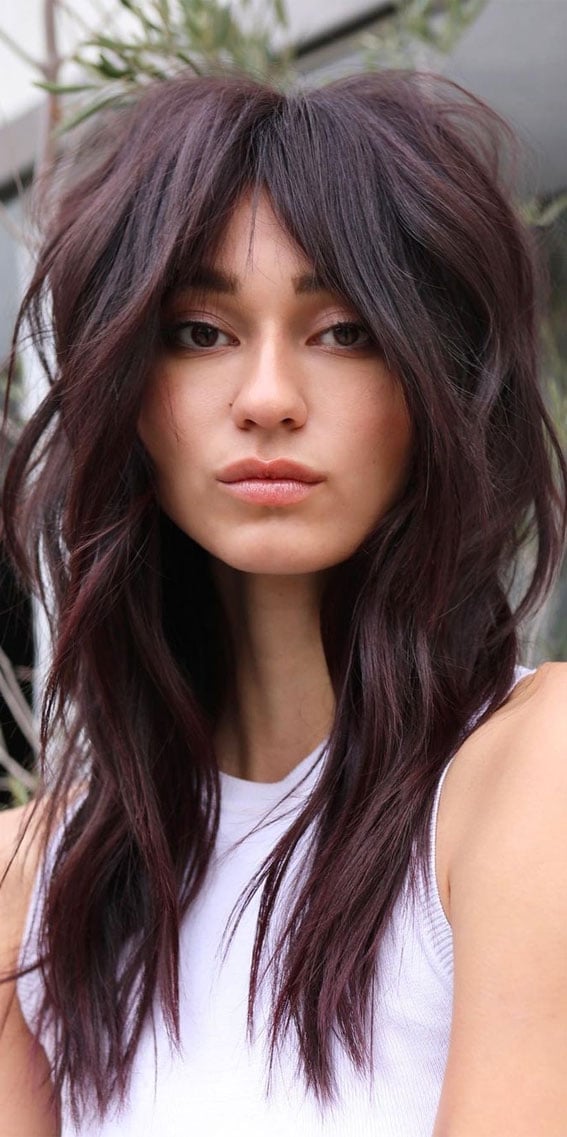 Collarbone Burgundy Shag With Full Bangs Collarbone Burgundy Shag With Full Bangs — Long Shag