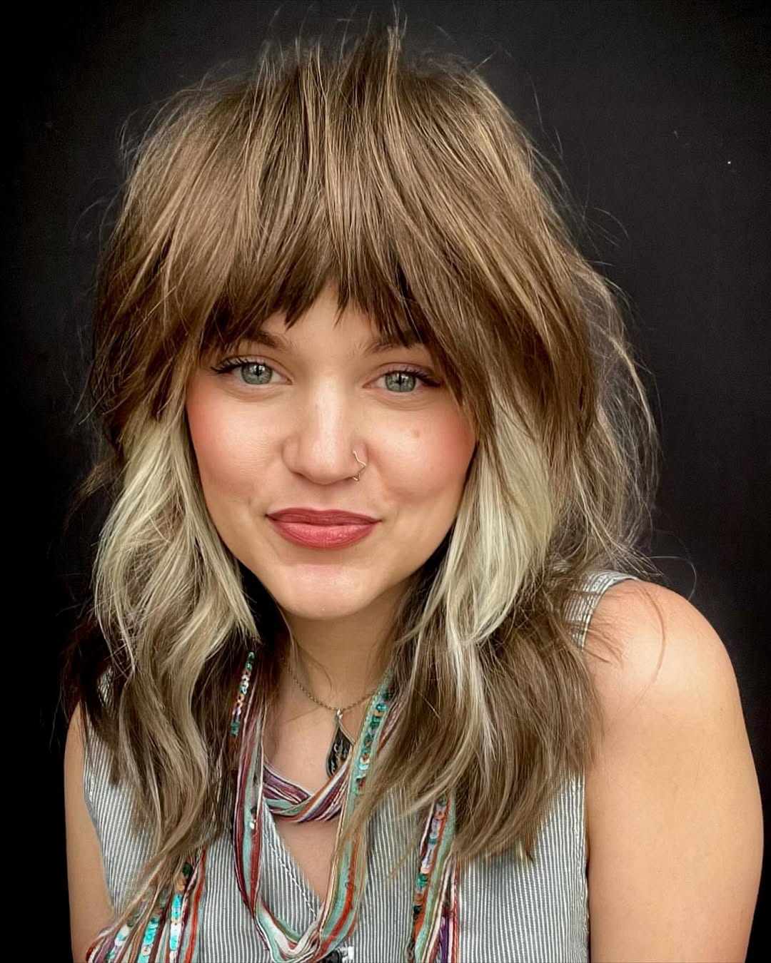 Mid-Back Shag With Choppy Bangs, Dark Brown With Blonde Highlights Mid-Back Shag With Choppy Bangs, Dark Brown With Blonde Highlights — Long Shag