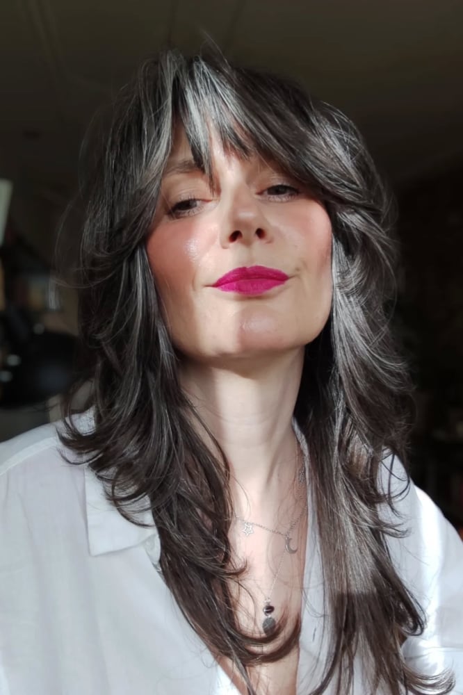 Mid-Back Gray Shag With Blonde Highlights Mid-Back Gray Shag With Blonde Highlights — Long Shag