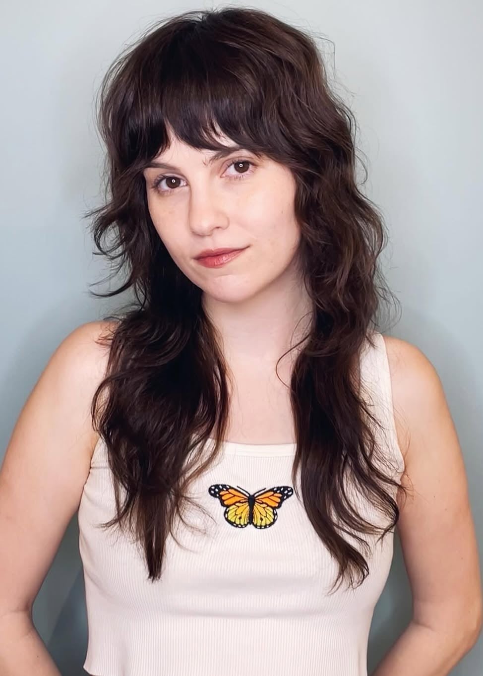 Mid-Back Dark Brown Shag With Choppy Bangs, Air-Dried Wavy Texture Mid-Back Dark Brown Shag With Choppy Bangs, Air-Dried Wavy Texture — Long Shag