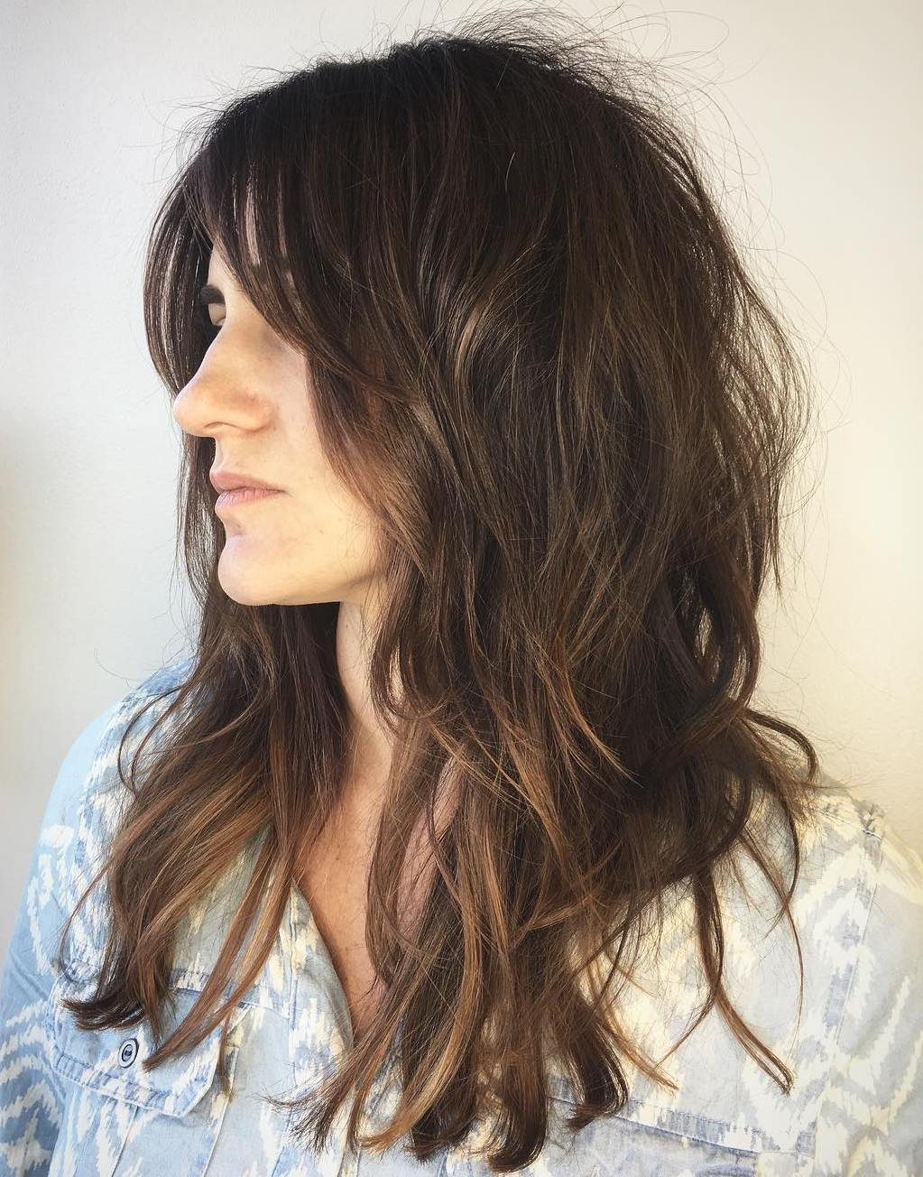 Mid-Back Dark Brown Shag No Bangs Side Part, Air-Dried Wavy Finish Mid-Back Dark Brown Shag No Bangs Side Part, Air-Dried Wavy Finish — Long Shag