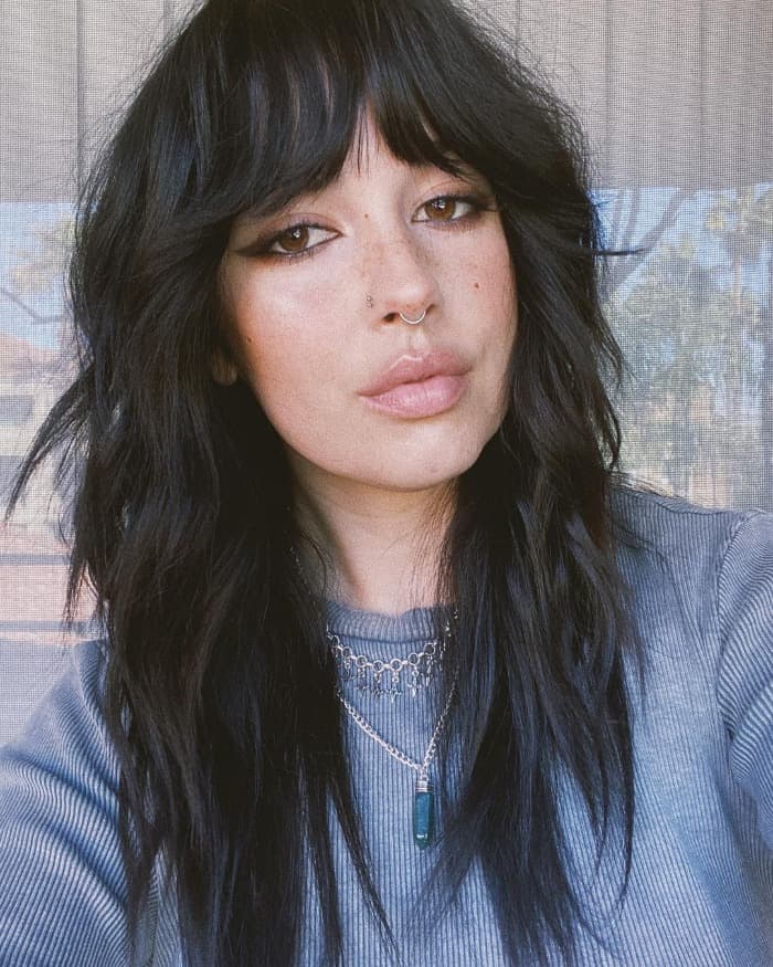 Shoulder Length Dark Brown Shag Full Fringe Shoulder Length Dark Brown Shag Full Fringe — Long Shag