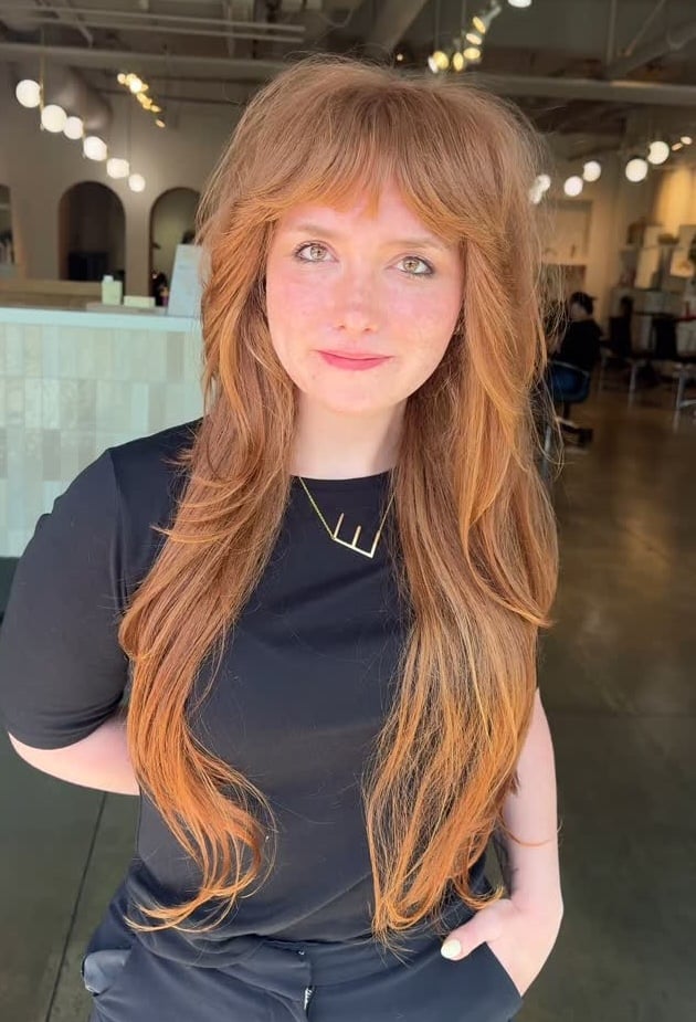 Mid-Back Copper Shag With Face-Framing Bangs Mid-Back Copper Shag With Face-Framing Bangs — Long Shag