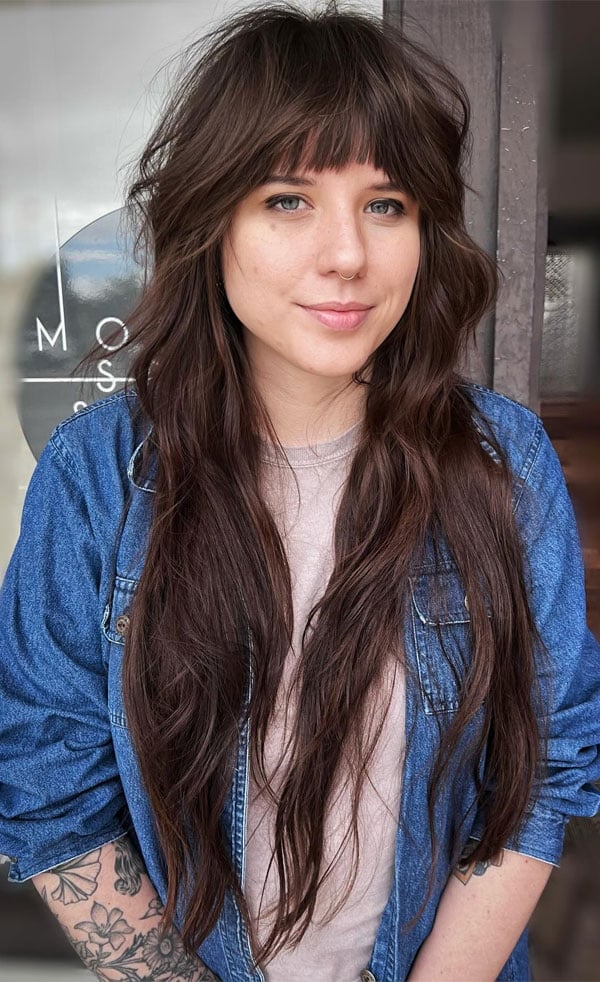 Mid-Back Brunette Shag With Curtain Bangs Mid-Back Brunette Shag With Curtain Bangs — Long Shag